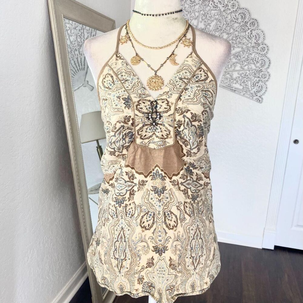 Lane Bryant Early 2000's Earthy Boho Granola Girl Beaded Linen Halter Top 14  L